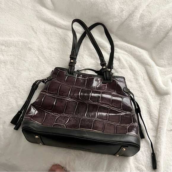 Dooney and Bourke Croco Purple Embossed Double Strapped Tassel Bag - Picture 8 of 13